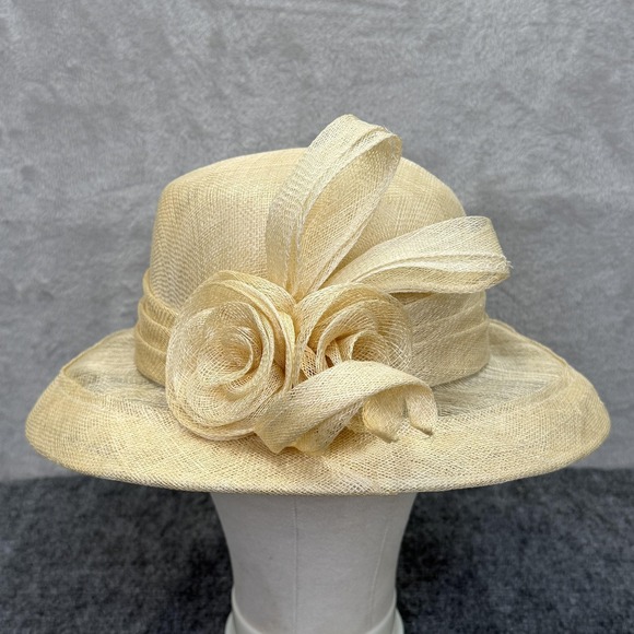 Source Unknown Accessories - VTG Hat Sun Womens Cream Burlap Pleated Bow Wide Brim Derby Church Wedding